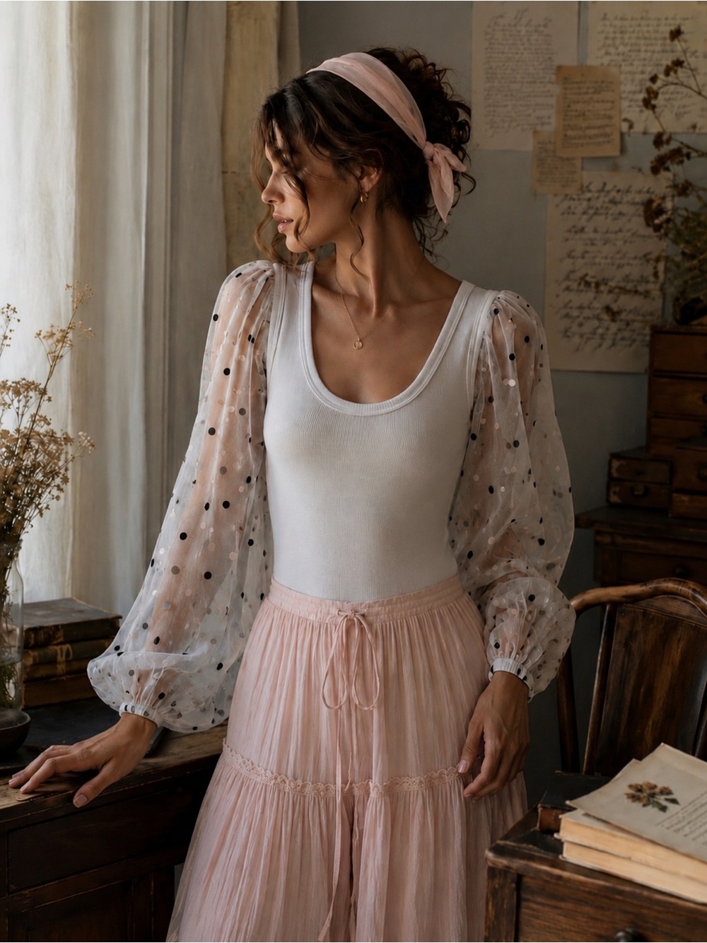Coco&Jamison Sheer Sleeve Polka Dot Bodysuit | Romantic Coquette Mesh Sleeve Top